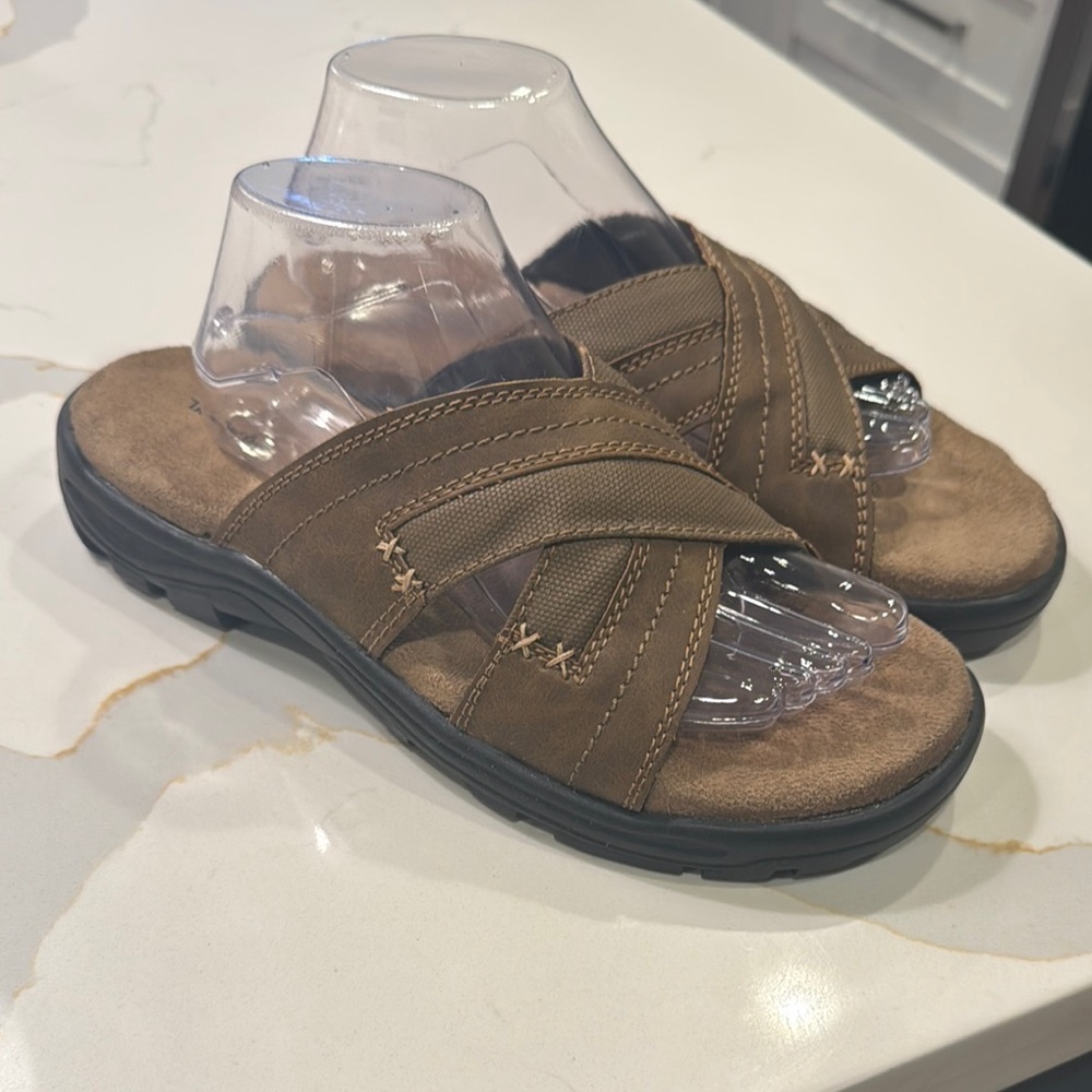Thom McAn Brown Sandals with Slip-On Design and Contoured Footbed